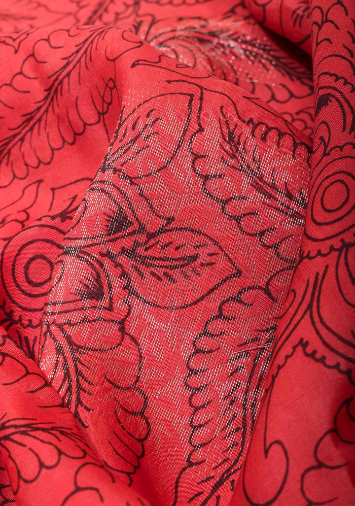 Pen kalamkari Sketch only on Soft Silk Saree in Brick Red With Zari Border | SILK MARK CERTIFIED