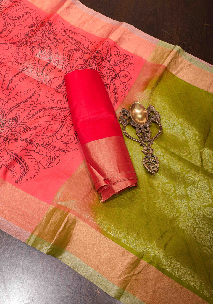 Pen kalamkari Sketch only on Soft Silk Saree in Brick Red With Zari Border | SILK MARK CERTIFIED