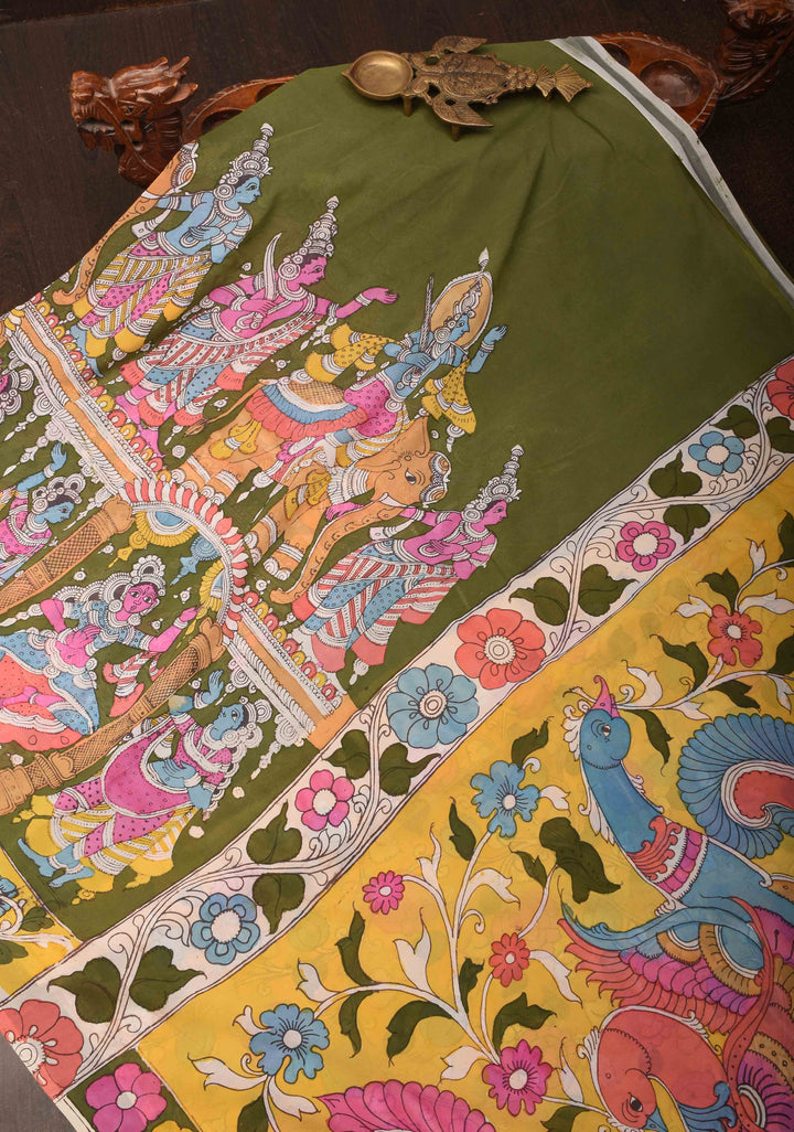 Urigempu Theme : Henna green Authentic pen kalamkari on pure Georgette Silk Saree | SILK MARK CERTIFIED