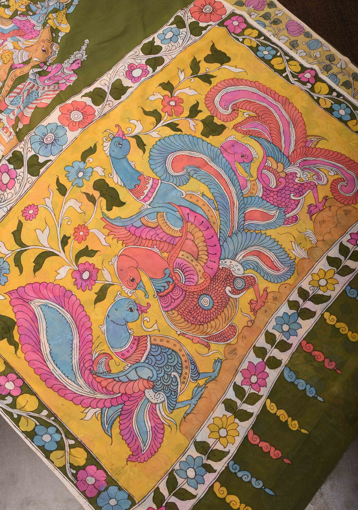 Urigempu Theme : Henna green Authentic pen kalamkari on pure Georgette Silk Saree | SILK MARK CERTIFIED