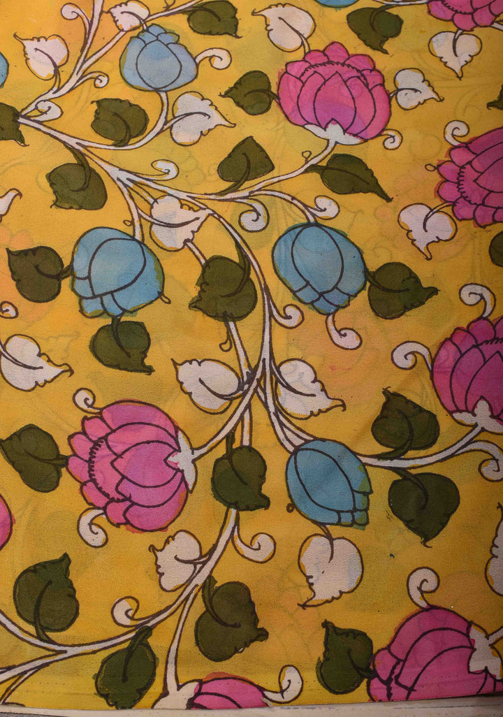 Urigempu Theme : Henna green Authentic pen kalamkari on pure Georgette Silk Saree | SILK MARK CERTIFIED