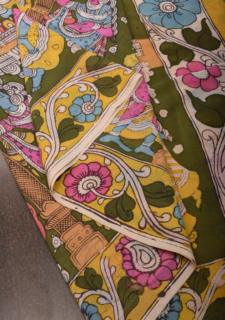 Urigempu Theme : Henna green Authentic pen kalamkari on pure Georgette Silk Saree | SILK MARK CERTIFIED