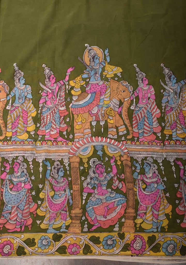 Urigempu Theme : Henna green Authentic pen kalamkari on pure Georgette Silk Saree | SILK MARK CERTIFIED