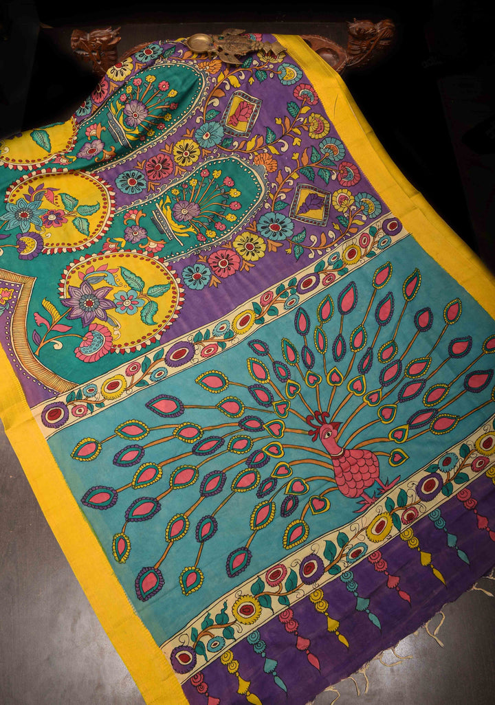 Floral and Peacock Theme : Purple Authentic Pen kalamkari on Mangalagiri Silk Saree with zari border