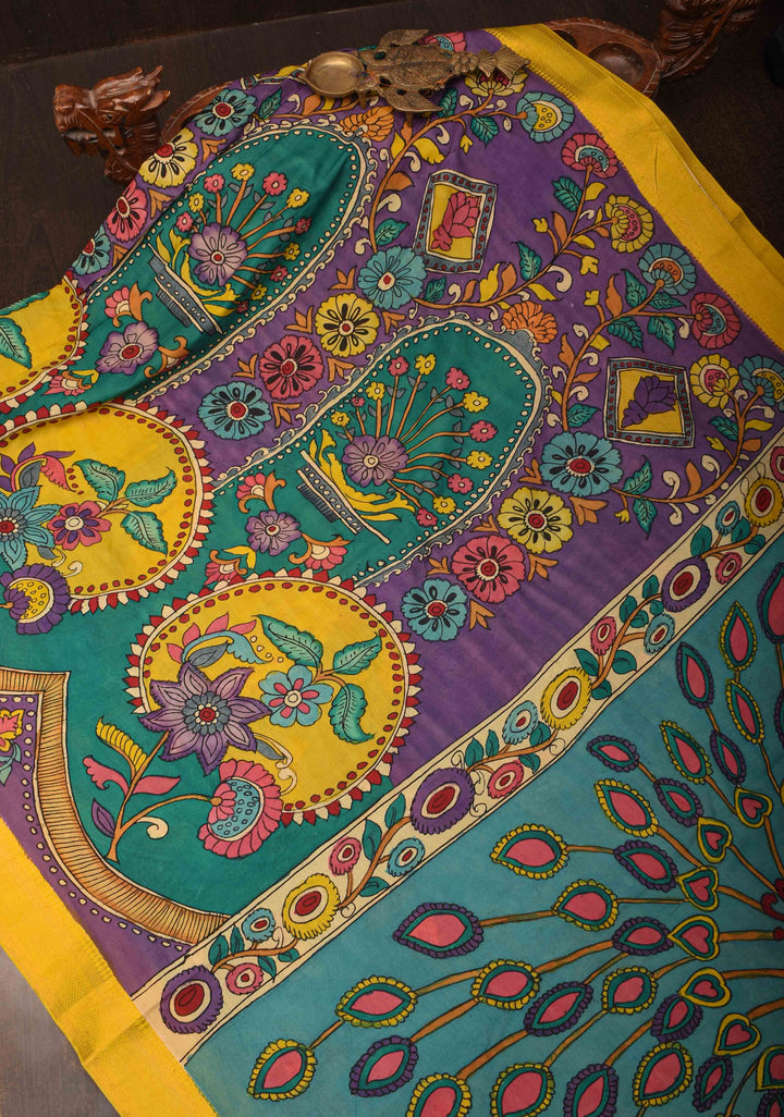 Floral and Peacock Theme : Purple Authentic Pen kalamkari on Mangalagiri Silk Saree with zari border