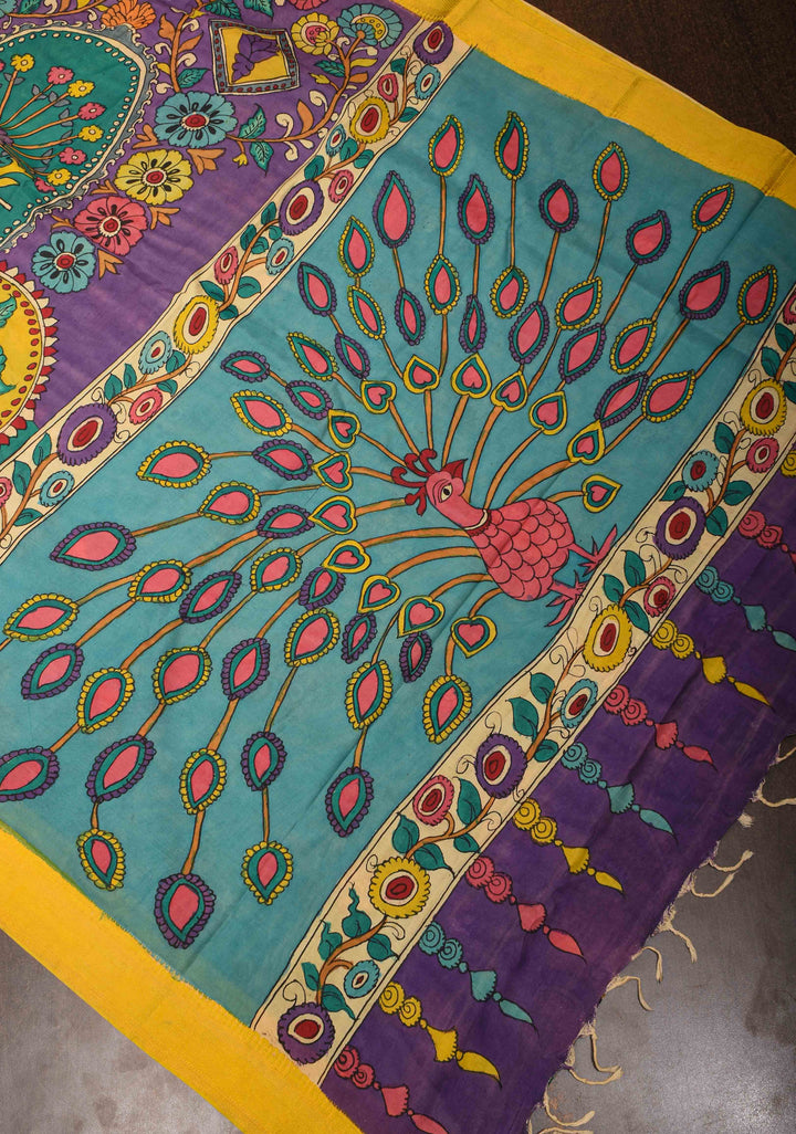 Floral and Peacock Theme : Purple Authentic Pen kalamkari on Mangalagiri Silk Saree with zari border