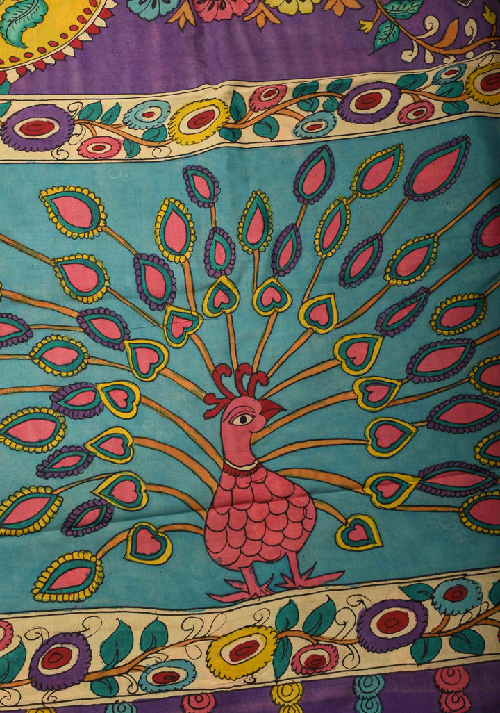 Floral and Peacock Theme : Purple Authentic Pen kalamkari on Mangalagiri Silk Saree with zari border