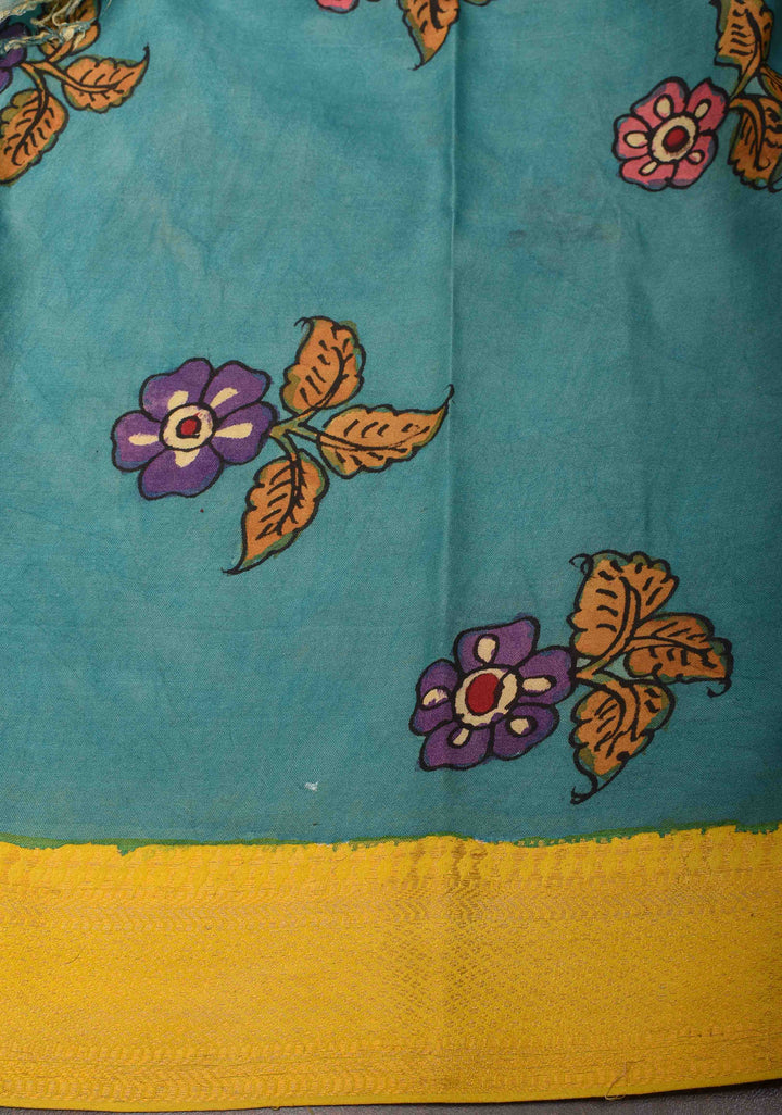 Floral and Peacock Theme : Purple Authentic Pen kalamkari on Mangalagiri Silk Saree with zari border