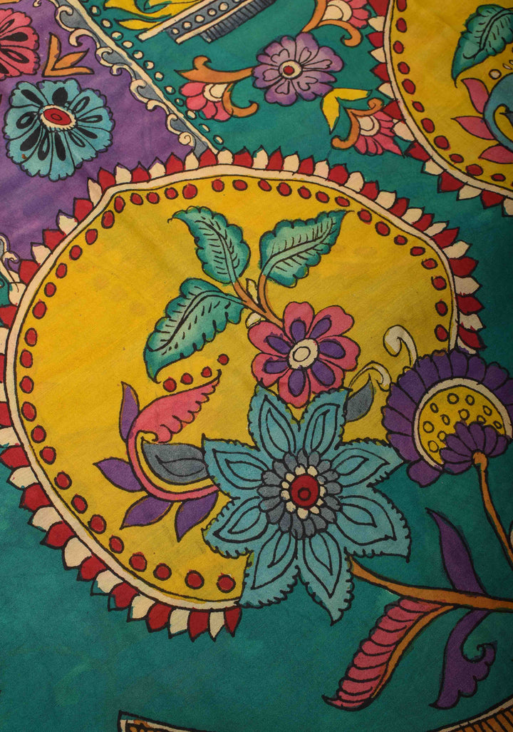 Floral and Peacock Theme : Purple Authentic Pen kalamkari on Mangalagiri Silk Saree with zari border
