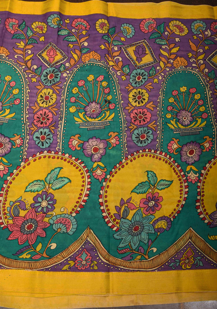 Floral and Peacock Theme : Purple Authentic Pen kalamkari on Mangalagiri Silk Saree with zari border