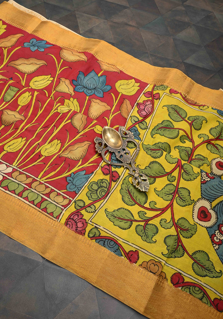 Lotus and Peacock Theme : Maroon Authentic Pen kalamkari on Mangalagiri Silk Saree with Zari Border