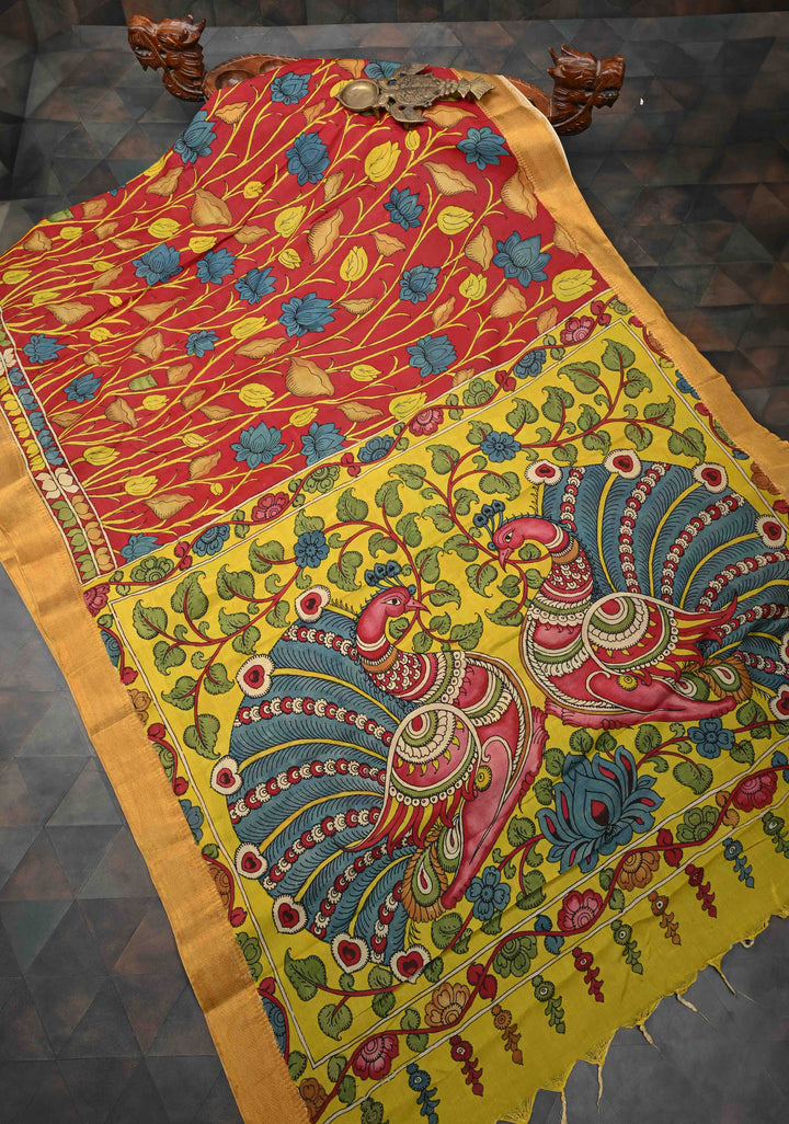 Lotus and Peacock Theme : Maroon Authentic Pen kalamkari on Mangalagiri Silk Saree with Zari Border