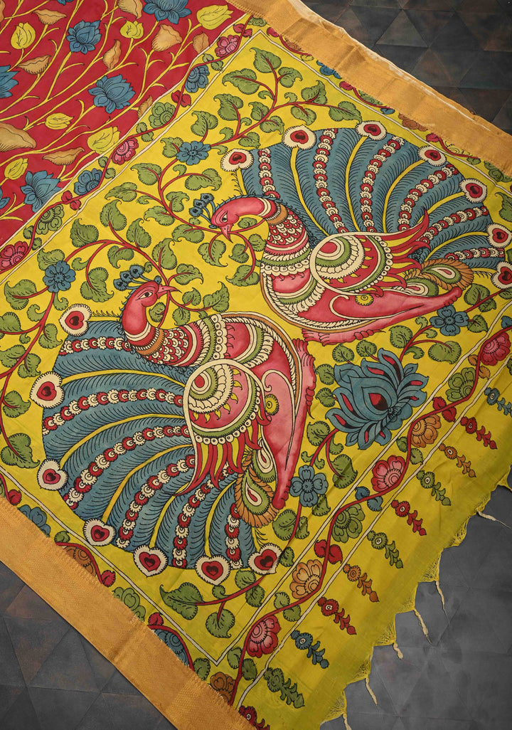 Lotus and Peacock Theme : Maroon Authentic Pen kalamkari on Mangalagiri Silk Saree with Zari Border