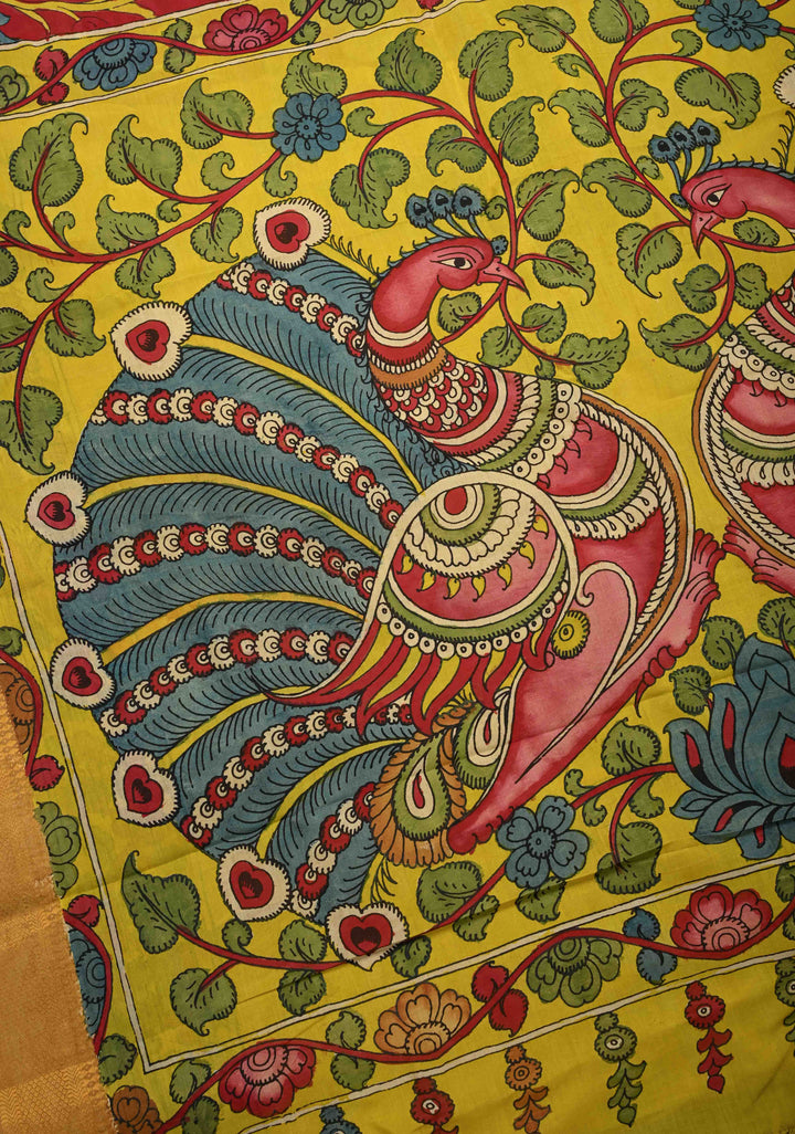 Lotus and Peacock Theme : Maroon Authentic Pen kalamkari on Mangalagiri Silk Saree with Zari Border