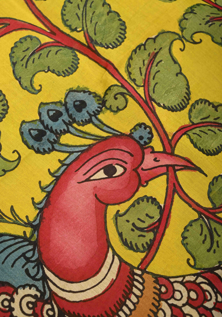 Lotus and Peacock Theme : Maroon Authentic Pen kalamkari on Mangalagiri Silk Saree with Zari Border