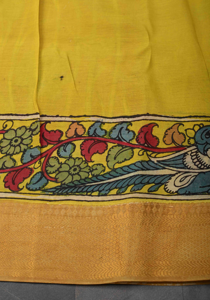 Lotus and Peacock Theme : Maroon Authentic Pen kalamkari on Mangalagiri Silk Saree with Zari Border