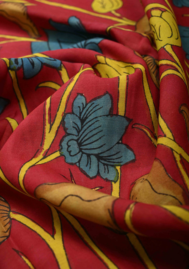 Lotus and Peacock Theme : Maroon Authentic Pen kalamkari on Mangalagiri Silk Saree with Zari Border
