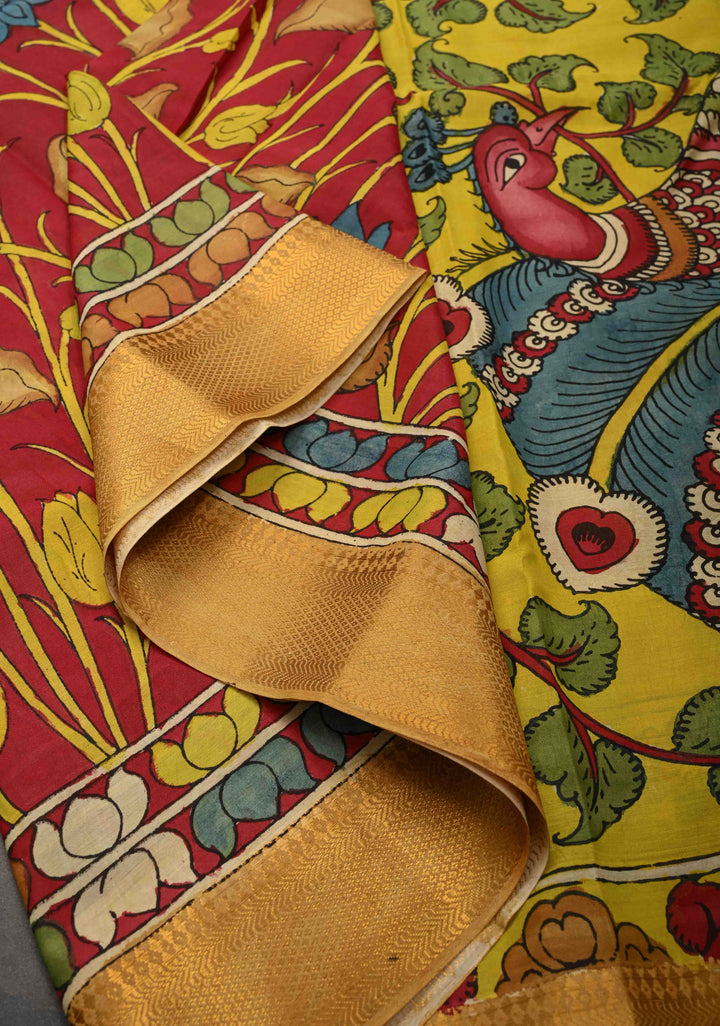 Lotus and Peacock Theme : Maroon Authentic Pen kalamkari on Mangalagiri Silk Saree with Zari Border