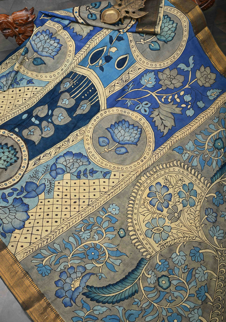 Blue Pottery Theme Blue Authentic Pen kalamkari on Mangalagiri Silk Saree with Zari Border