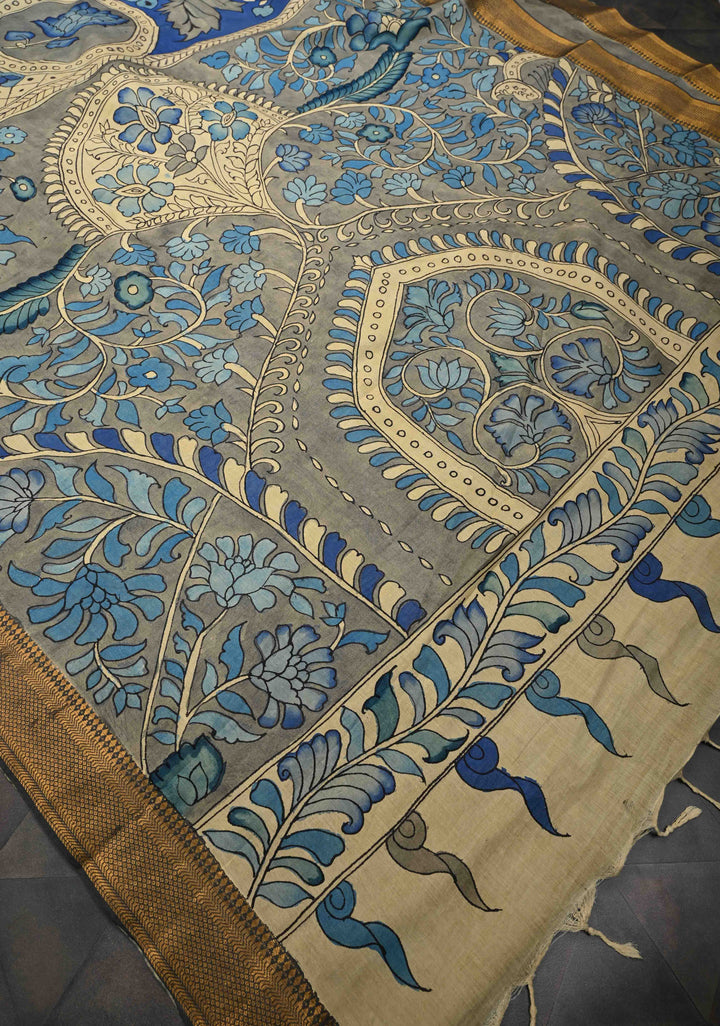 Blue Pottery Theme Blue Authentic Pen kalamkari on Mangalagiri Silk Saree with Zari Border