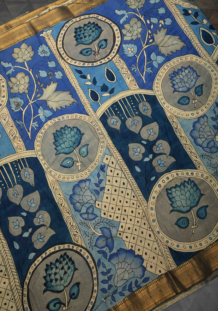 Blue Pottery Theme Blue Authentic Pen kalamkari on Mangalagiri Silk Saree with Zari Border