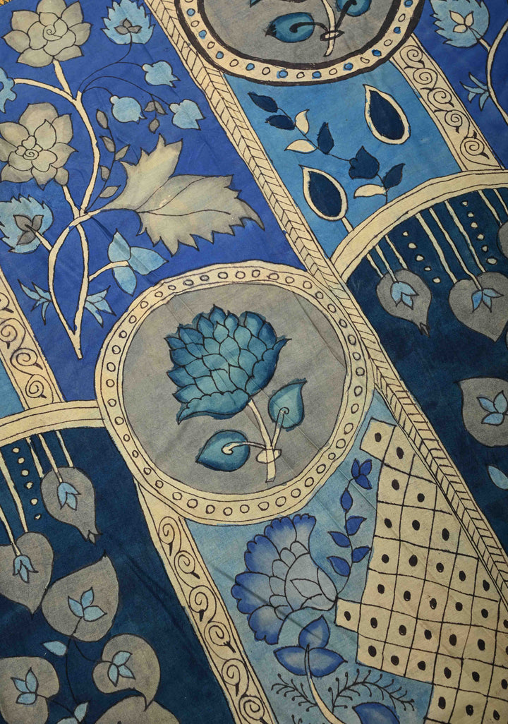 Blue Pottery Theme Blue Authentic Pen kalamkari on Mangalagiri Silk Saree with Zari Border