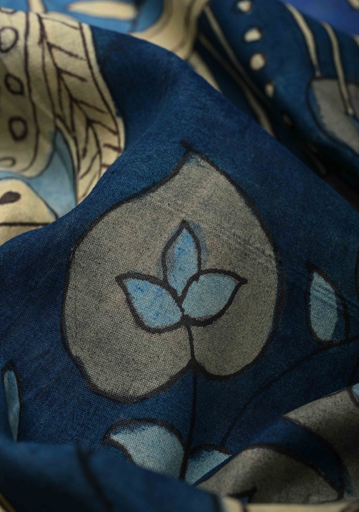 Blue Pottery Theme Blue Authentic Pen kalamkari on Mangalagiri Silk Saree with Zari Border