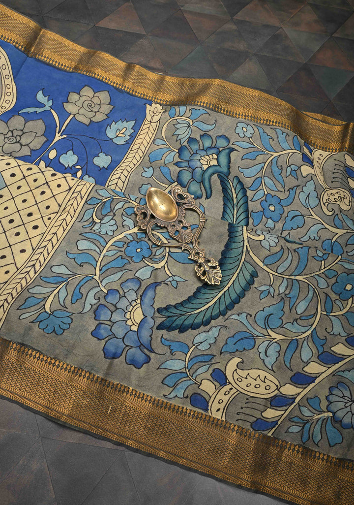 Blue Pottery Theme Blue Authentic Pen kalamkari on Mangalagiri Silk Saree with Zari Border
