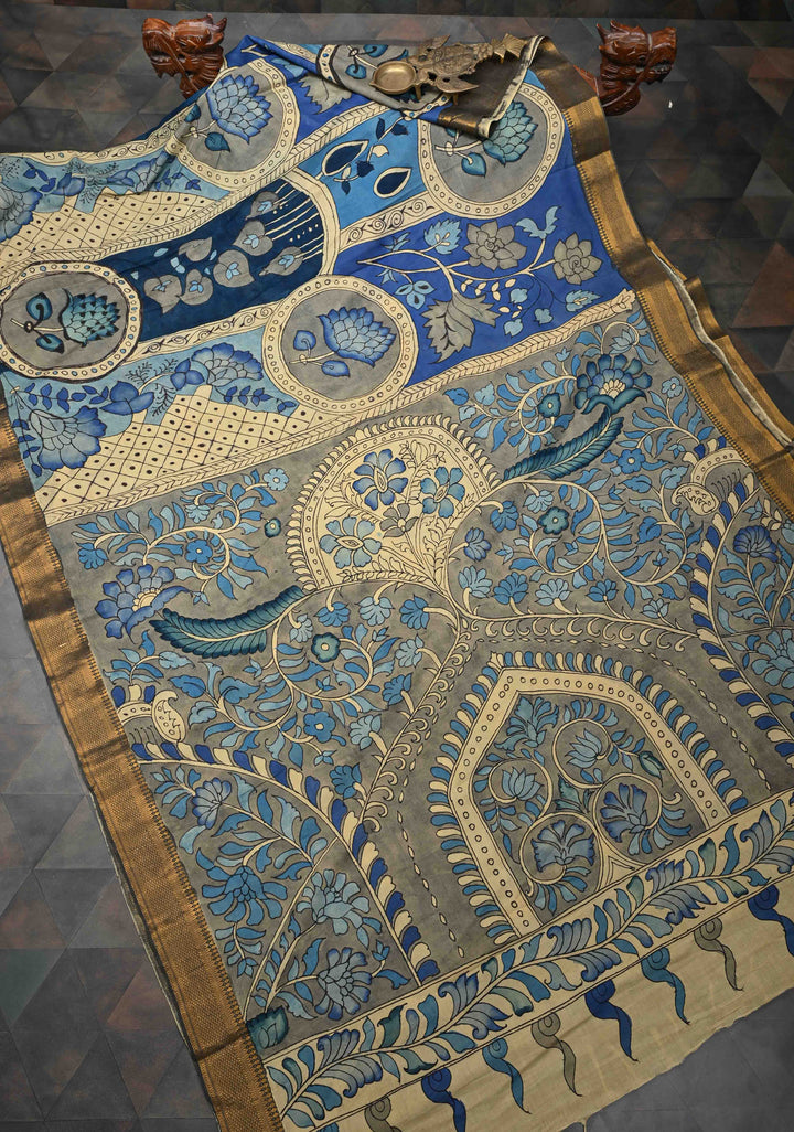 Blue Pottery Theme Blue Authentic Pen kalamkari on Mangalagiri Silk Saree with Zari Border