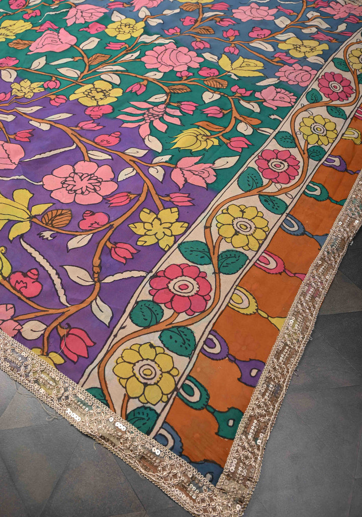 Floral Theme : Multicolor Authentic Pen Kalamkari on Pure Georgette Silk Saree with Lace Border | SILK MARK CERTIFIED