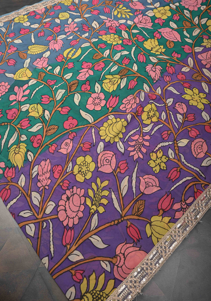 Floral Theme : Multicolor Authentic Pen Kalamkari on Pure Georgette Silk Saree with Lace Border | SILK MARK CERTIFIED