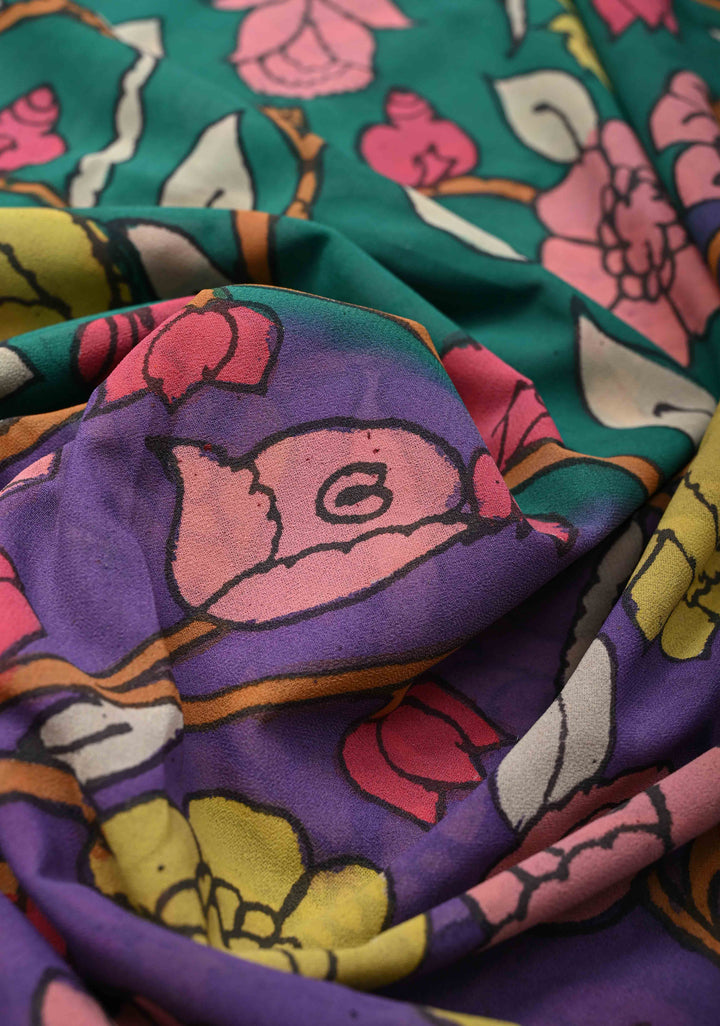 Floral Theme : Multicolor Authentic Pen Kalamkari on Pure Georgette Silk Saree with Lace Border | SILK MARK CERTIFIED