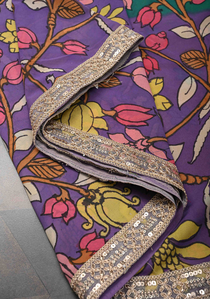 Floral Theme : Multicolor Authentic Pen Kalamkari on Pure Georgette Silk Saree with Lace Border | SILK MARK CERTIFIED