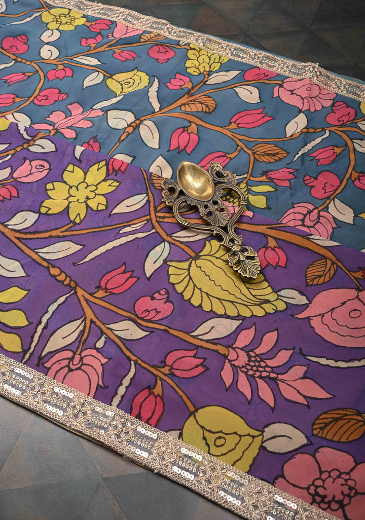 Floral Theme : Multicolor Authentic Pen Kalamkari on Pure Georgette Silk Saree with Lace Border | SILK MARK CERTIFIED