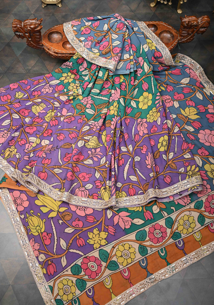 Floral Theme : Multicolor Authentic Pen Kalamkari on Pure Georgette Silk Saree with Lace Border | SILK MARK CERTIFIED