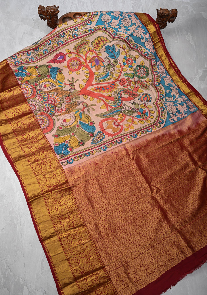 Floral Theme :  Peach Authentic Pen kalamkari Life Of Tree theme on Kanjivaram Silk Saree with Zari Border | SILK MARK CERTIFIED