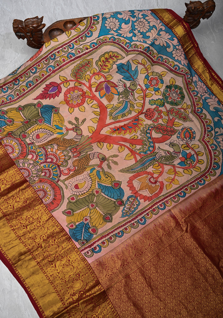Floral Theme :  Peach Authentic Pen kalamkari Life Of Tree theme on Kanjivaram Silk Saree with Zari Border | SILK MARK CERTIFIED