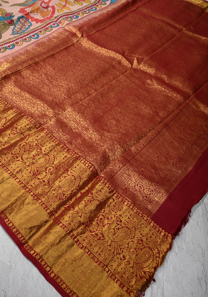 Floral Theme :  Peach Authentic Pen kalamkari Life Of Tree theme on Kanjivaram Silk Saree with Zari Border | SILK MARK CERTIFIED