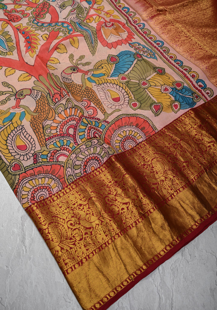 Floral Theme :  Peach Authentic Pen kalamkari Life Of Tree theme on Kanjivaram Silk Saree with Zari Border | SILK MARK CERTIFIED