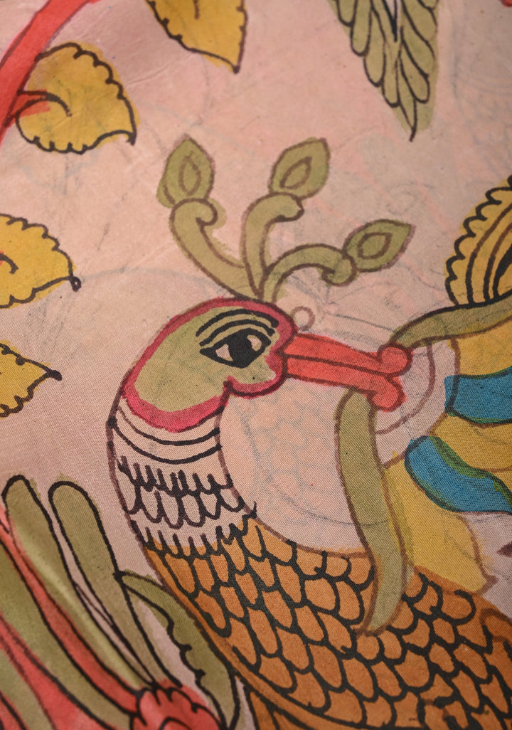 Floral Theme :  Peach Authentic Pen kalamkari Life Of Tree theme on Kanjivaram Silk Saree with Zari Border | SILK MARK CERTIFIED