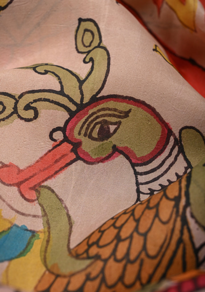 Floral Theme :  Peach Authentic Pen kalamkari Life Of Tree theme on Kanjivaram Silk Saree with Zari Border | SILK MARK CERTIFIED