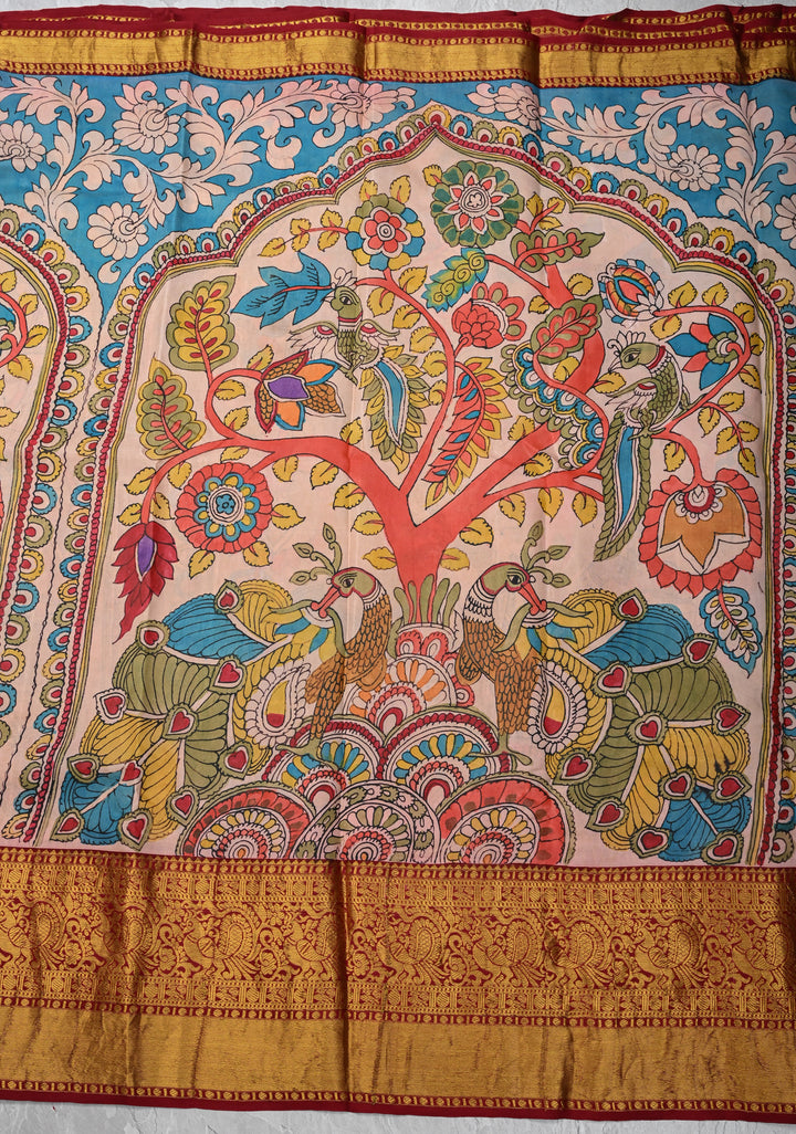 Floral Theme :  Peach Authentic Pen kalamkari Life Of Tree theme on Kanjivaram Silk Saree with Zari Border | SILK MARK CERTIFIED
