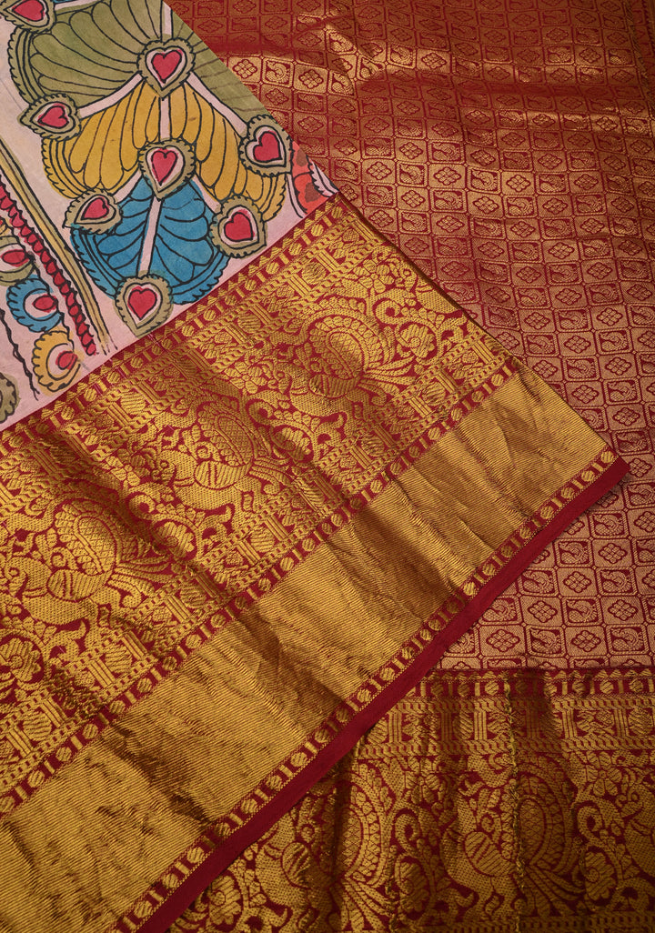 Floral Theme :  Peach Authentic Pen kalamkari Life Of Tree theme on Kanjivaram Silk Saree with Zari Border | SILK MARK CERTIFIED