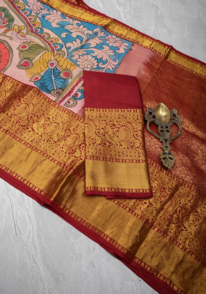 Floral Theme :  Peach Authentic Pen kalamkari Life Of Tree theme on Kanjivaram Silk Saree with Zari Border | SILK MARK CERTIFIED