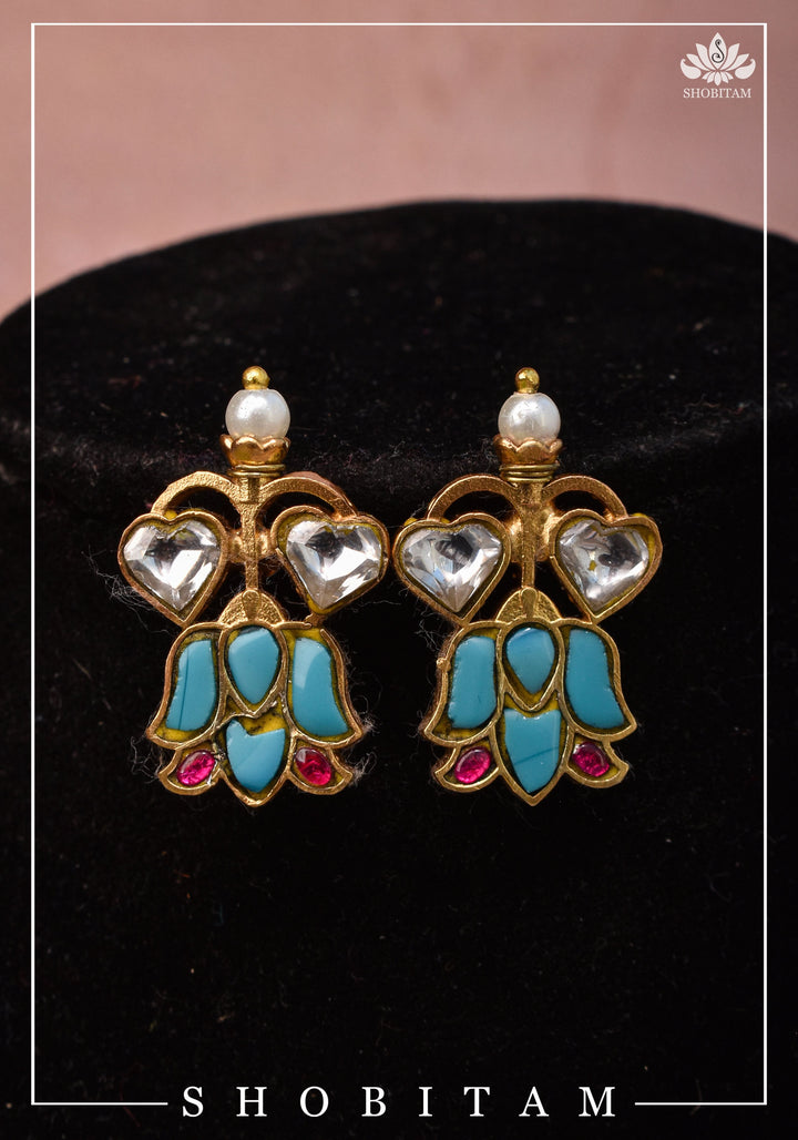 Grayish Teal Falling Lotus Design Falling Lotus design Jadau Necklace Set