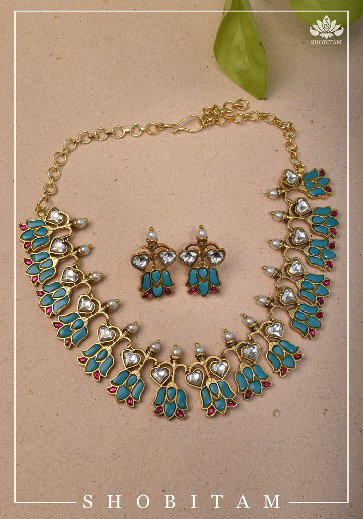 Grayish Teal Falling Lotus Design Falling Lotus design Jadau Necklace Set