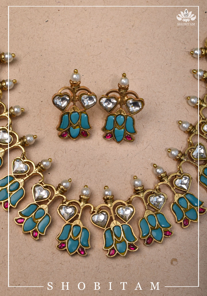 Grayish Teal Falling Lotus Design Falling Lotus design Jadau Necklace Set