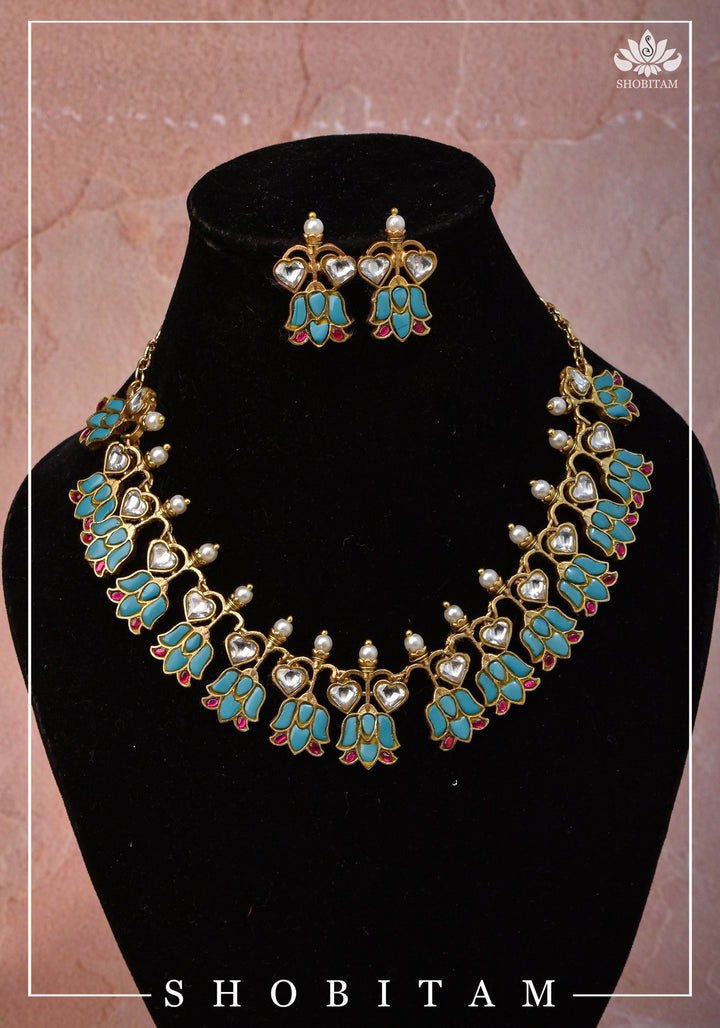 Grayish Teal Falling Lotus Design Falling Lotus design Jadau Necklace Set