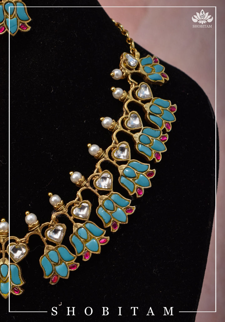Grayish Teal Falling Lotus Design Falling Lotus design Jadau Necklace Set