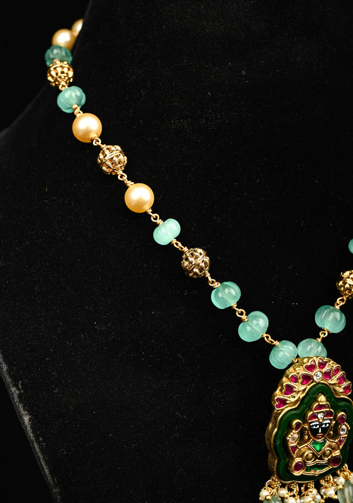 Green Resin Stone and pearls  Necklace with Lakshmi Engraving, No Earrings | Shobitam Jewelry